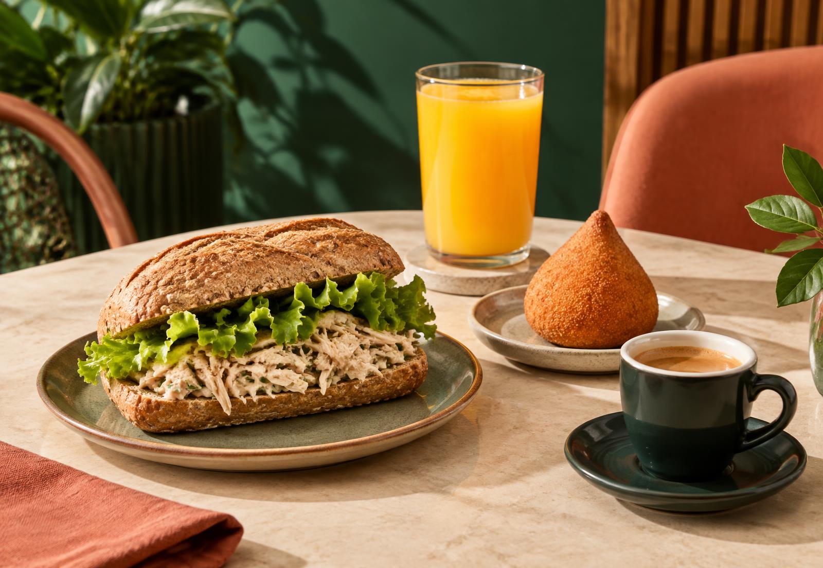 Sanduíche natural, coxinha, suco de laranja e café da Bento & Madonia