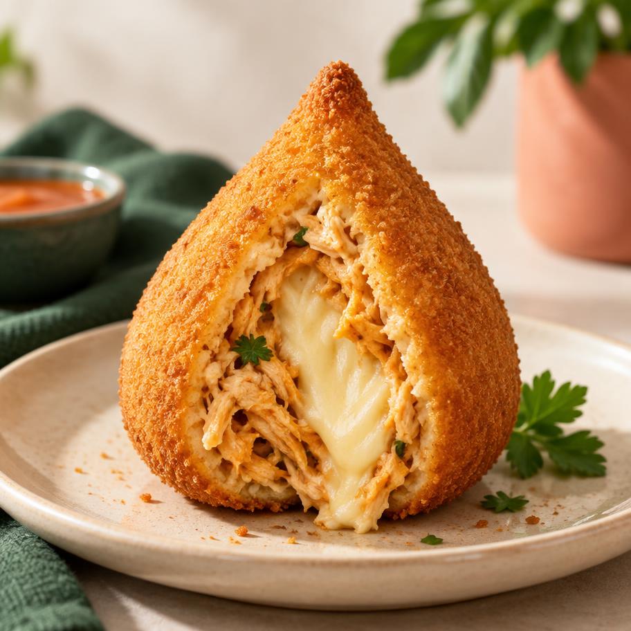 Coxinha tradicional aberta com recheio de frango e catupiry